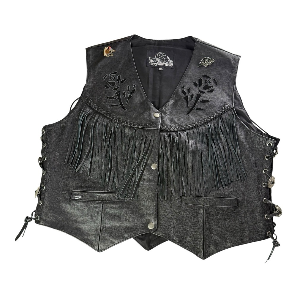 Leather King Womens 3XL Black Leather Fringe Motorcycle Biker Vest Western Rose